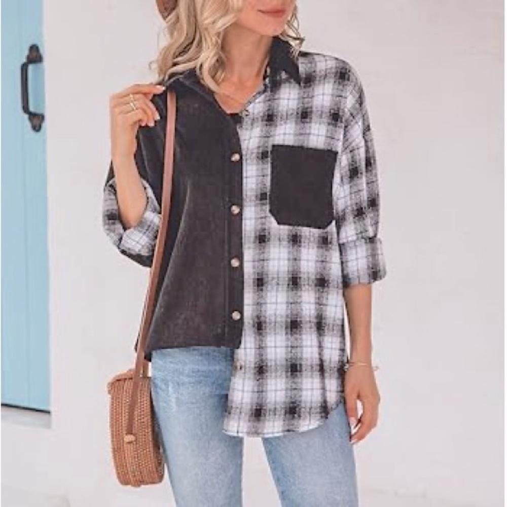 Plaid Button Down Drop Shoulder Corduroy Shacket